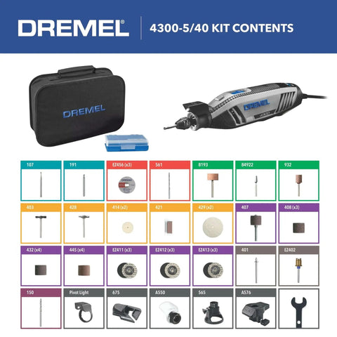 High Performance Rotary Tool Kit With LED Light And 5 Attachments 40 Accessories For Grinding Cutting Wood Carving Sanding And Engraving 4300 5 40 Dremel Big Time Power With Speed Up To 35000 RPM Includes Case displayed with accessories and case