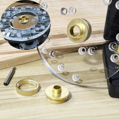 Premium 13 Piece Brass Router Template Bushing Set With Centering Cone includes brass bushings and accessories on wooden surface