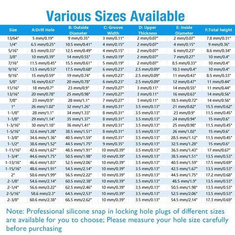 Size chart for silicone hole plugs, highlighting the 8 Pack Silicone Hole Plugs Locking End Caps For 1-1/2 Inch Holes Waterproof.