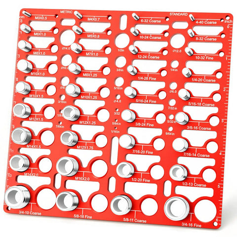 Nut And Bolt Thread Checker Gauge Kit With 55 Size Finder, 19 Drill Gauges, 16 Metric And 20 Standard Sizes, Wall Mountable Bolt Size And Thread Gauge For Quick ID And ANSI Go No Go Pro Grade close-up view of gauge kit