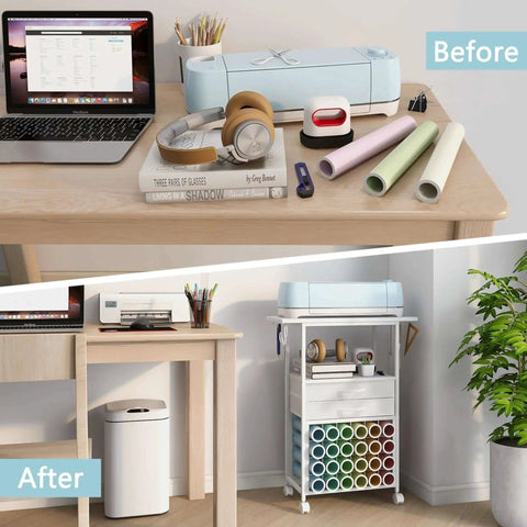 Before and after of desk with and without Ultimate Cricut Organizer and Rolling Storage Cart with 24 Vinyl Roll Holders in white.