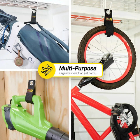 Heavy Duty Storage Straps Six Pack For Garage Cord Management hanging bike, garden tool, and equipment in multipurpose use.