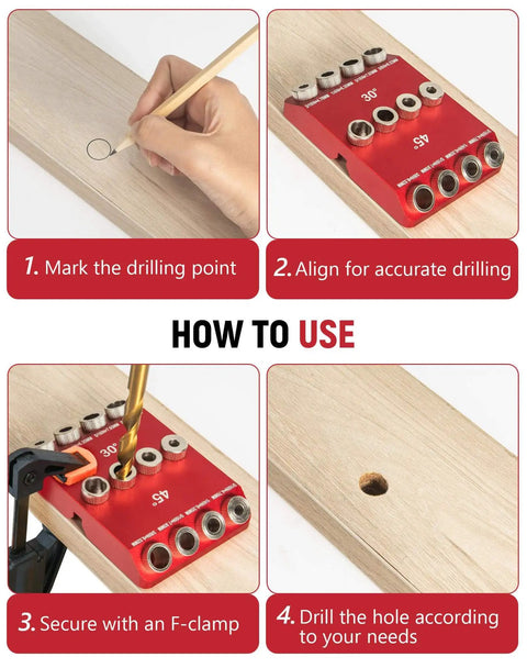 Step-by-step guide using Pro Grade 30 Degree 45 Degree 90 Degree Angle Drill Guide Jig with hand drill for precise holes in wood.