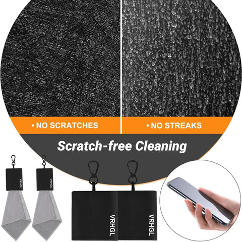 Two Sided Glasses Cleaning Polishing Cloths With Pouch Keychain 4 Pack 6 Inch, showing scratch-free feature on screens.