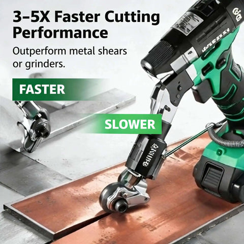 Drill Nibbler Attachment for Sheet Metal Cutting turns your drill into a fast burr free metal cutter with titanium coating shown cutting metal