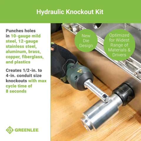 11-Ton Battery Hydraulic Knockout Punch Kit in use punching holes in metal for 1/2 to 4 inch conduit, showcasing the tool and features.