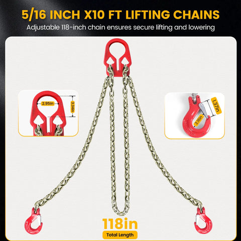 Three-leg Grade 80 steel lifting chain sling with red grab hooks and central top connector, 118-inch total length.