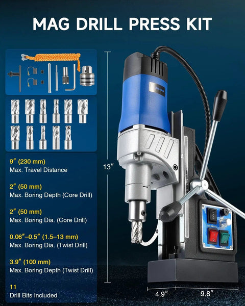 Beast 1550W Magnetic Drill Press With 2 Inch Boring Capacity, 11 Piece Bit Set displayed with blue body and control panel.