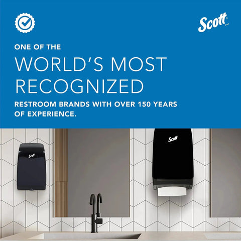 Wall-mounted black paper towel dispensers in restroom setting with tiled background and text promoting brand recognition.
