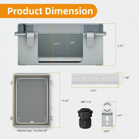 Lockable Outdoor Weatherproof Electrical Box For Electronics Plastic NEMA 4 Enclosure dimensions and components
