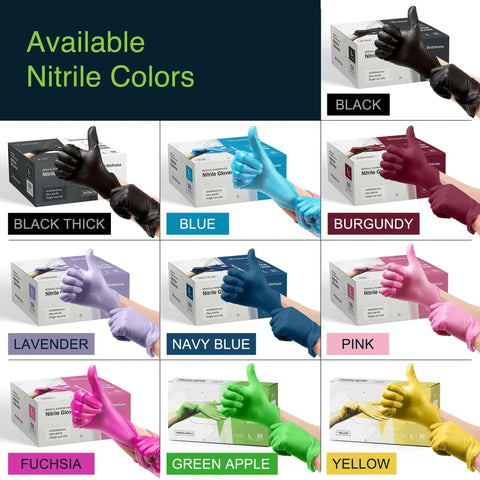 Variety of nitrile gloves in different colors including black, blue, burgundy, lavender, navy, pink, fuchsia, green, and yellow.