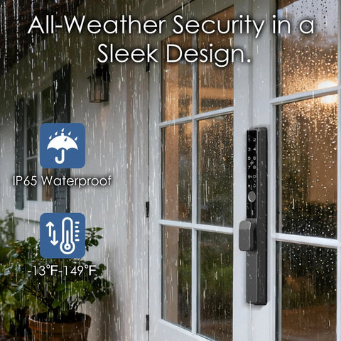 Slim Sliding Glass Door Lock With Biometric Fingerprint Remote App Control Keypad And RFID Access Electronic Digital Mortise Smart Lock For Double Hook Patio Sliding Doors 2085 Slim Fit Size Measure Before You Buy For Best Fit installed on a glass door in rainy weather.
