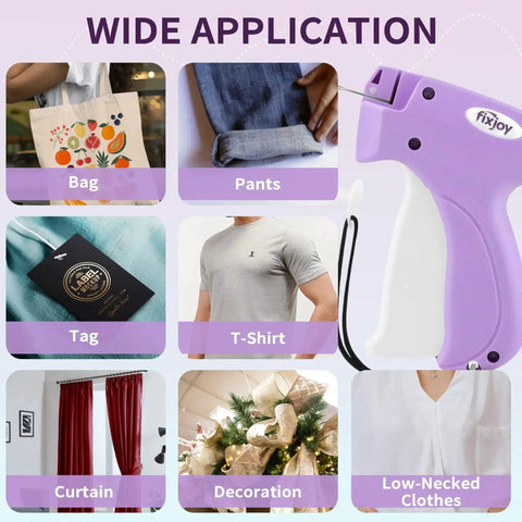 Wide application of a purple stitch gun for clothes handheld sewing kit with safety storage box, shown with bag, pants, tag, t-shirt, curtain, decoration, and low-necked clothes.