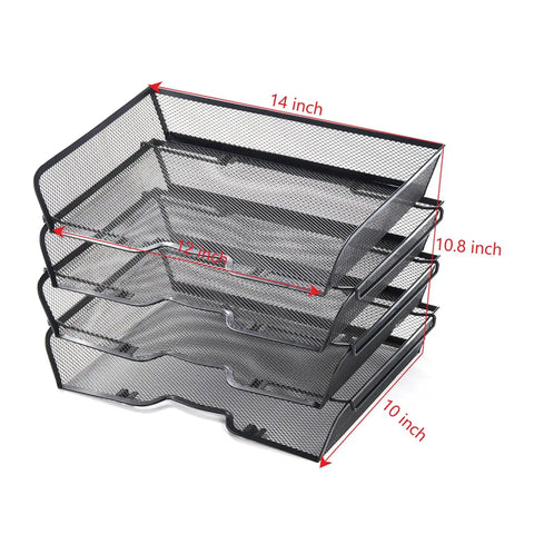 Four Tier Mesh Stackable File Trays For Desk Organization Letter Size Office Paper Organizer in Black Finish, dimensions labeled.
