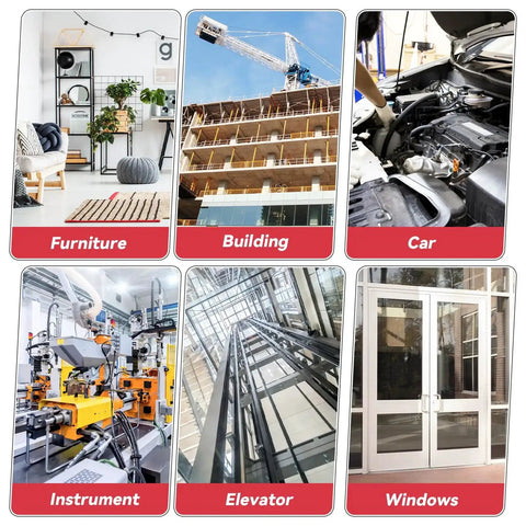 Composite image showing six panels: furniture, building, car, instrument, elevator, windows.