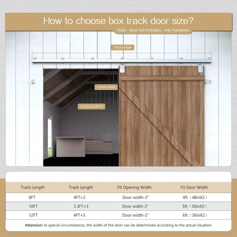Diagram showing fit and sizing for Heavy Duty 10 Foot Galvanized Outdoor Sliding Barn Door Hardware Kit With 450 Lb Capacity Exterior Track System Built For Weatherproof Outdoor Use Fits One Door Up To 60 Inches Wide Built Tough For Any Weather.