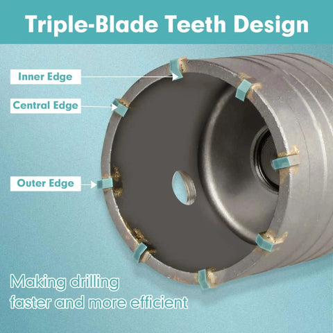 Close-up of Nine Piece Masonry Concrete Hole Saw with triple-blade teeth for efficient drilling in concrete and brick.