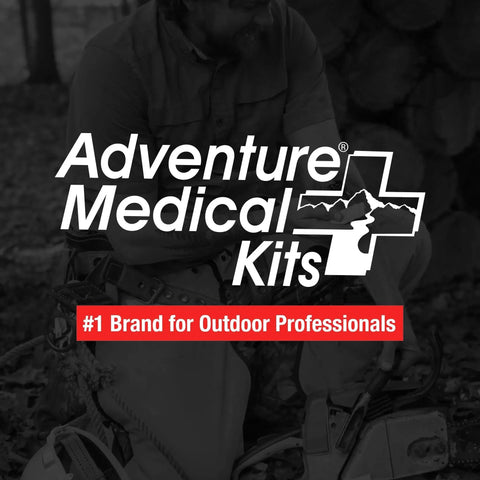 Logo of Adventure Medical Kits with a person outdoors, highlighting Trauma Pak First Aid Kit with QuikClot for emergencies.