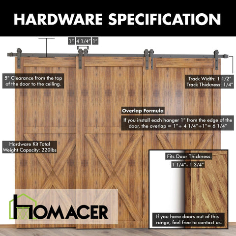 Hardware specifications for Black Rustic Single Track Bypass Sliding Barn Door Hardware Kit For Three Doors with detailed measurements.