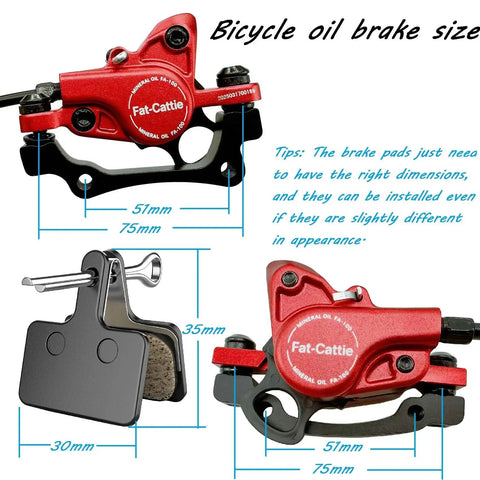 Fat-Cattie red hydraulic disc brake set for bikes with 160mm rotors; pair of calipers (front-right, rear-left) with pads.