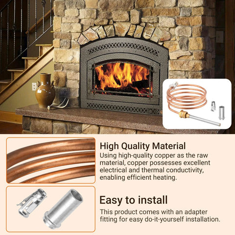 Furnace thermocouple kit with 36-inch copper coil and adapter fittings, shown beside a stone fireplace.