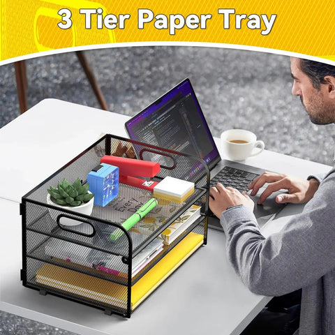Three Tier Paper Organizer Tray With Handle Mesh Letter Tray on a desk beside a laptop and coffee cup