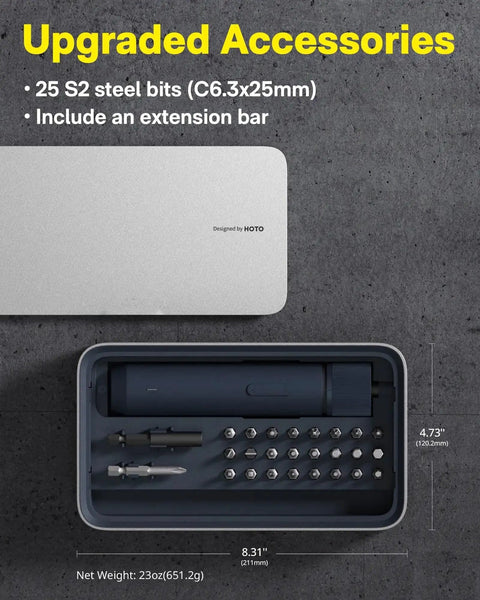 Opened Workhorse Cordless Electric Screwdriver Kit With One Quarter Inch Hex Bits 25 Piece S2 Steel Set shown with lid.