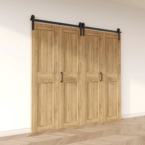 108 Inch Black Rustic Bi Folding Sliding Barn Door Hardware Kit For Four Doors Heavy Duty Quiet Operation Easy To Install Front Mount With Adjustable Spacers Fits Door Thickness 1 Inch To 1 3 8 Inch Hardware Only Door Not Included installed view