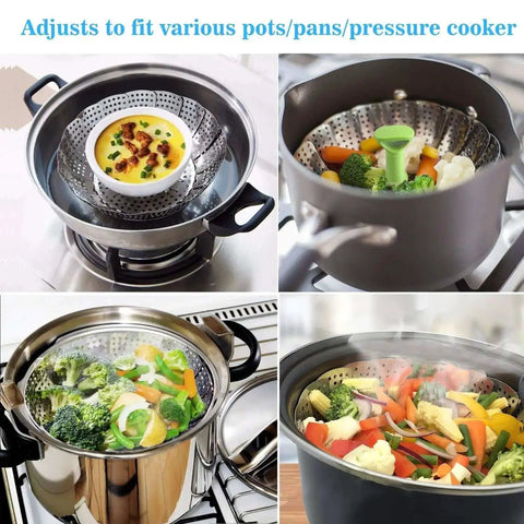 Vegetable Steamer Basket For Cooking Stainless Steel Folding Expandable Steaming Insert With Extendable Handle Fits Pots 5.1 To 9 Inches Non Rust Easy Clean Healthier Meals And Even Cooking in various pots with vegetables.