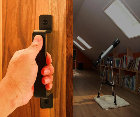 Heavy Duty Black Barn Door Handles 7.4 Inch Rustic Metal Pulls Two Pack For Sliding Doors Ideal For Garage Shed Gate Closet Drawer Indoor Outdoor Use Today, shown in close-up on wooden door with hand.