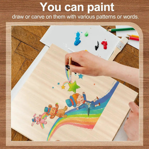 Person painting colorful design on Basswood Sheets For Laser Cutting And DIY Crafts, 11.8 x 11.8 Inch Unfinished Plywood, 26 Packs