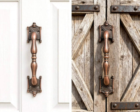 Rustic Red Antique Bronze Barn Door Handles 2 Pack Dixiao Zinc Alloy Pulls shown on white cabinet and wooden barn doors with screws