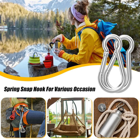 60 Pack 3 Inch Heavy Duty Galvanized Steel Snap Hook Carabiner M8 Quick Link shown in various uses like camping and rigging.
