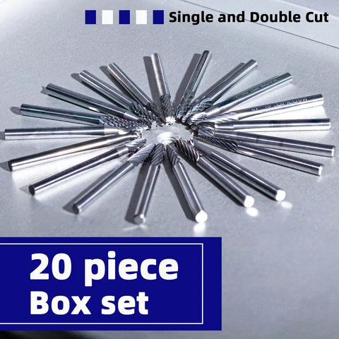Pro Grade Carbide Rotary File Set For Precision Metal And Wood Carving Deburring And Jewelry Making Includes Double Cut And Single Cut Burrs For Rapid Shaping To Fine Finishing One Eighth Inch Shank And Cutting Diameter Fits Dremel And CNC Routers displayed in a circular pattern.