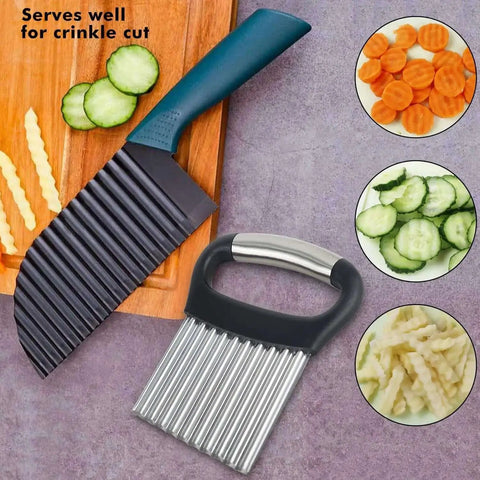 Crinkle Cutter Knife With Peeler For Veggies And Fruit Wave Blade Stainless Steel Kitchen Cutter With Ergonomic Handle Rustproof Durable Fry Cutter Set Of 3 showing crinkle cut slices of vegetables on a cutting board.