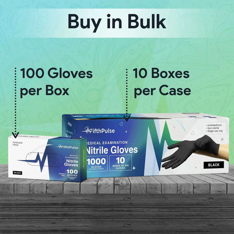 Black Large Nitrile Gloves 3 Mil Latex Free Powder Free Medical Lab Industrial packaging with quantities displayed