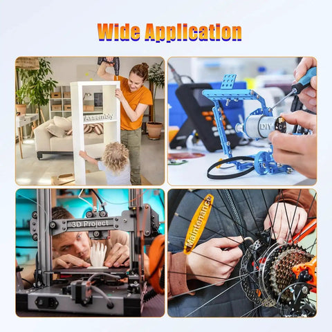 Collage showing uses for M2.5 Metric Screw and Washer Kit Set With Locking and Flat Washers 1000Pcs in home, robotics, 3D printing, and bikes.