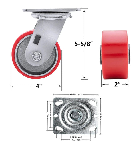 4x2 Inch Heavy Duty Swivel Caster With Polyurethane Wheel 800 Lb Load Capacity for Furniture and Industrial Use, side and front view.