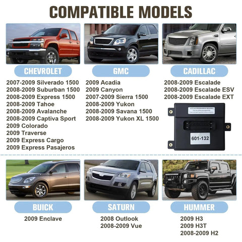 Compatible vehicle models for Plug-And-Play 601-132 Fuel Pump Flow Control Module For 2007-2009 GM Trucks And SUVs Replacement 20759945