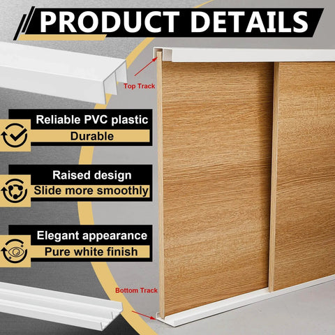 Two Pack Heavy Duty Four Foot Long Plastic Sliding Cabinet Door Track Hardware Sets For Half Inch Thick Panels Includes Upper And Lower Tracks For Sliding Closet Doors And Glass Window Cabinets Easy Quick Installation showing raised design and wood panel.