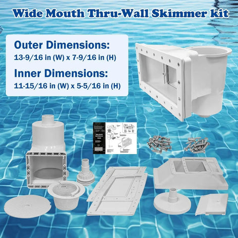 Above Ground Pool Skimmer Kit with wide mouth thru-wall opening and durable ABS one-piece skimmer. Shown with components and dimensions.