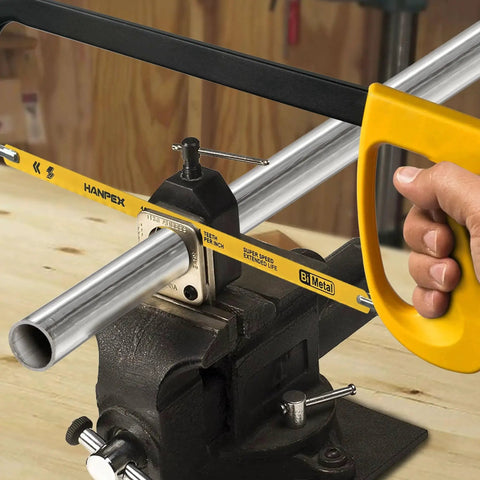 Hand using High Tension 12 Inch Hacksaw Frame With 24 TPI Bi Metal Blade For Metal Wood And PVC Carpentry Pro Grade With Adjustable Tension And Comfortable Non Slip Grip Hanpex on metal pipe