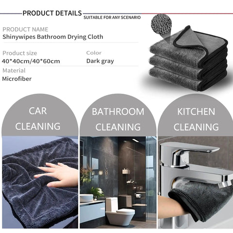 Double Sided Microfiber Cleaning Towel For Shower And Car Detailing, Velvet Absorbing Side And Mesh Wipe Surface, Quick Dry Streak Free Cloths For Kitchen And Windows 40x40cm in dark gray stacked and displayed for cleaning uses.