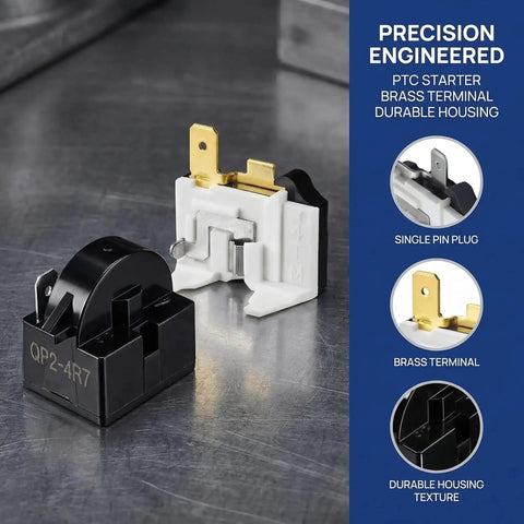 PTC Starter Relay 1 Pin For Refrigerator Replacement Kit With 6750C-0005P Overload Protector showing brass terminal and durable housing