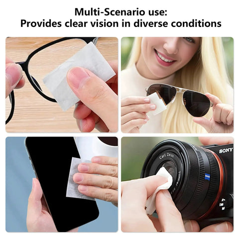 Using Anti Fog Lens Wipes For Glasses Goggles And Screens Pre Moistened 100 Count on glasses, sunglasses, phone, and camera lens.