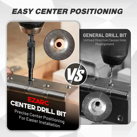 Comparison of EZARC self centering drill bit set with regular drill bit, showing precise center positioning for cabinet hinges.