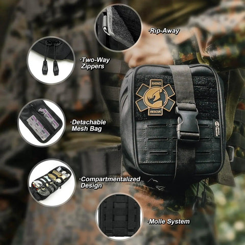 IFAK Trauma Kit With CAT Tourniquet For Military Combat And Everyday Readiness MOLLE Pouch on camouflage uniform