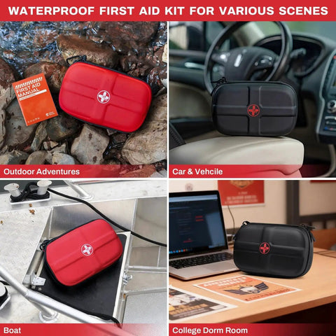 Compact Waterproof EVA First Aid Kit With 130 Essential Supplies for hiking, travel, home, car, dorm, and camping displayed in various settings.