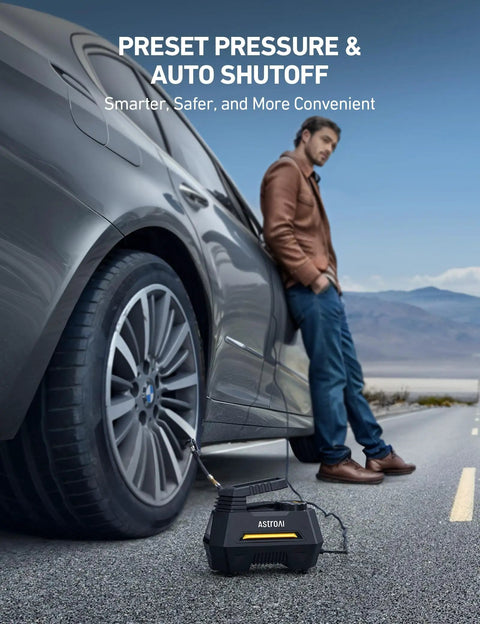 Portable Tire Inflator On The Go With Digital Gauge And Emergency LED Light For Cars And Bikes 12V DC Car Air Pump Nine Point Eight Foot Cord Yellow And Balloons, shown in use by a person near a car tire.