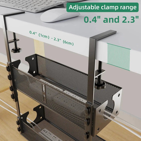 Two Pack Under Desk Cable Management Trays, Metal Wire Organizer Clamp Mount installed on desk, adjustable clamp range shown